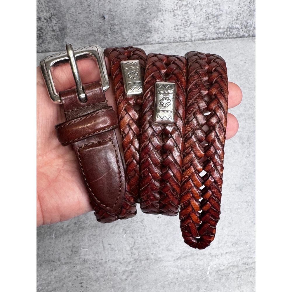 Fossil Mens Brown Braided Woven Genuine Leather Belt Silver Hardware BT2279200 M